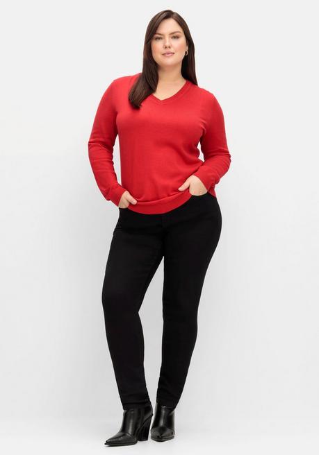 sheego Pullover aus Feinstrick mit V-Ausschnitt - mohnrot sheego Kauf eins, bekomm eins gratis