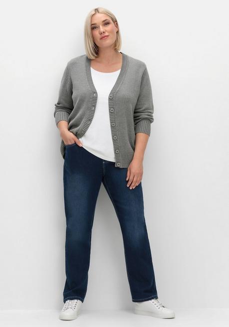 sheego Strickjacke mit V-Ausschnitt und Knöpfen, tailliert - grau sheego Bis zu 55% Rabatt