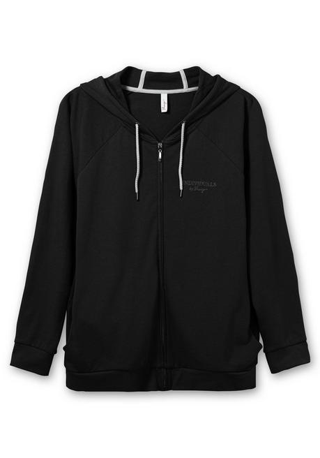 sheego Sweatjacke mit Kapuze und kleinem Brust-Print - schwarz sheego im Angebot