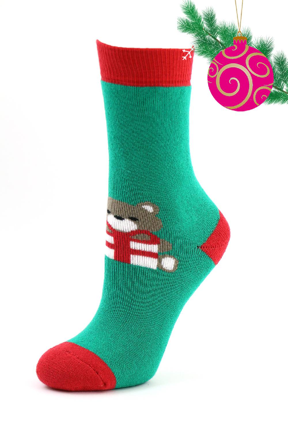 Shimasocks Nikolaus Söckchen grün rot mit Bär "Bruno feiert Weihnachten" Vollplüsch Thermo